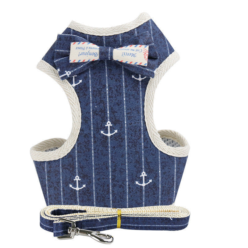 JMT-197322 Stylish Vest-Style Dog Leash with Bowknot - Navy Blue Stripes, Blue Grid, Pink Dots, Gray Dots