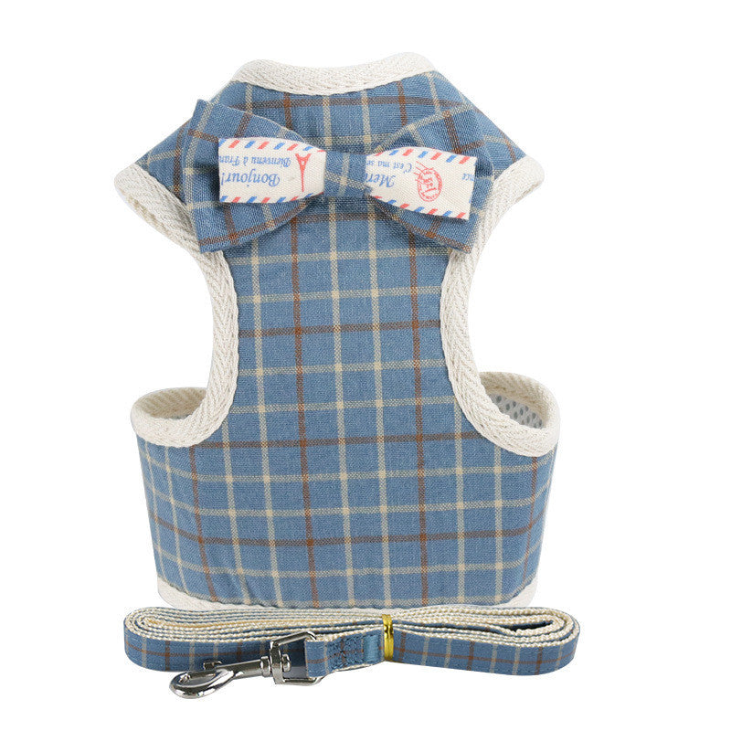 JMT-197322 Stylish Vest-Style Dog Leash with Bowknot - Navy Blue Stripes, Blue Grid, Pink Dots, Gray Dots
