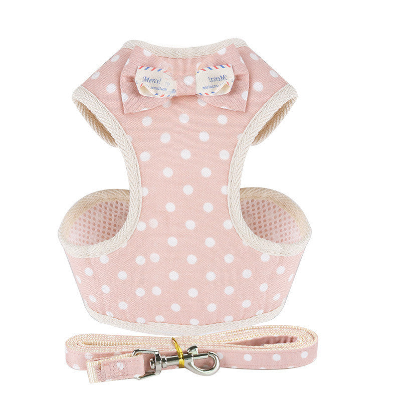JMT-197322 Stylish Vest-Style Dog Leash with Bowknot - Navy Blue Stripes, Blue Grid, Pink Dots, Gray Dots