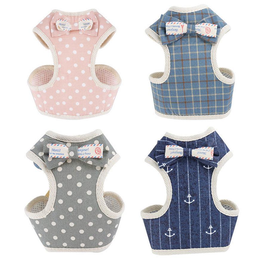 JMT-197322 Stylish Vest-Style Dog Leash with Bowknot - Navy Blue Stripes, Blue Grid, Pink Dots, Gray Dots