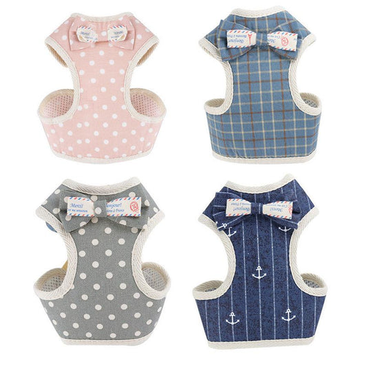JMT-197322 Stylish Vest-Style Dog Leash with Bowknot - Navy Blue Stripes, Blue Grid, Pink Dots, Gray Dots