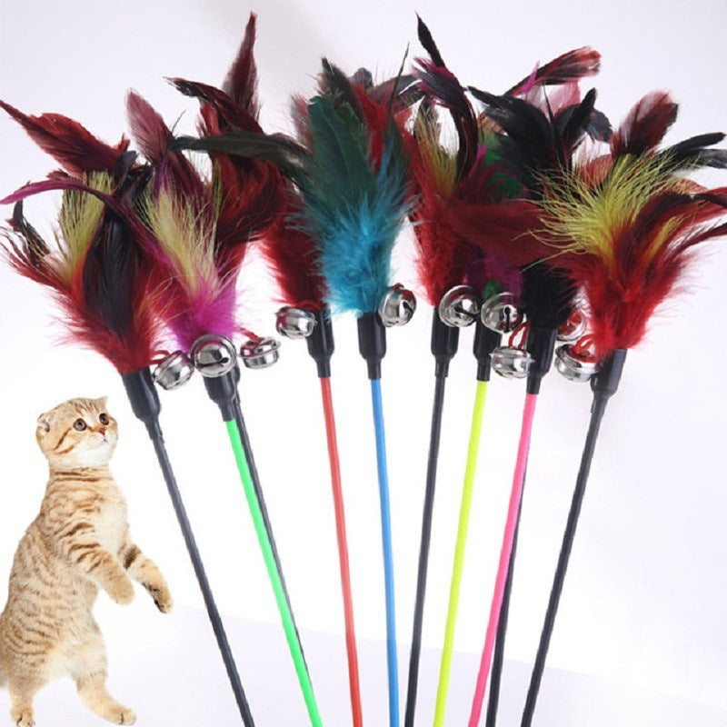 JMT-197834 Large Cat Play Stick with Feather Taper - 60 cm, Black and Colorful Fur
