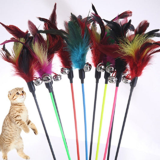 JMT-197834 Large Cat Play Stick with Feather Taper - 60 cm, Black and Colorful Fur