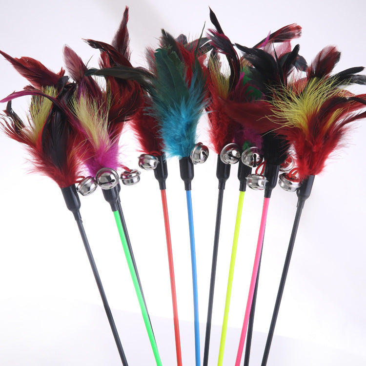 JMT-197834 Large Cat Play Stick with Feather Taper - 60 cm, Black and Colorful Fur