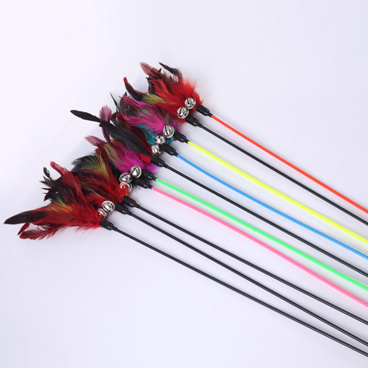 JMT-197834 Large Cat Play Stick with Feather Taper - 60 cm, Black and Colorful Fur
