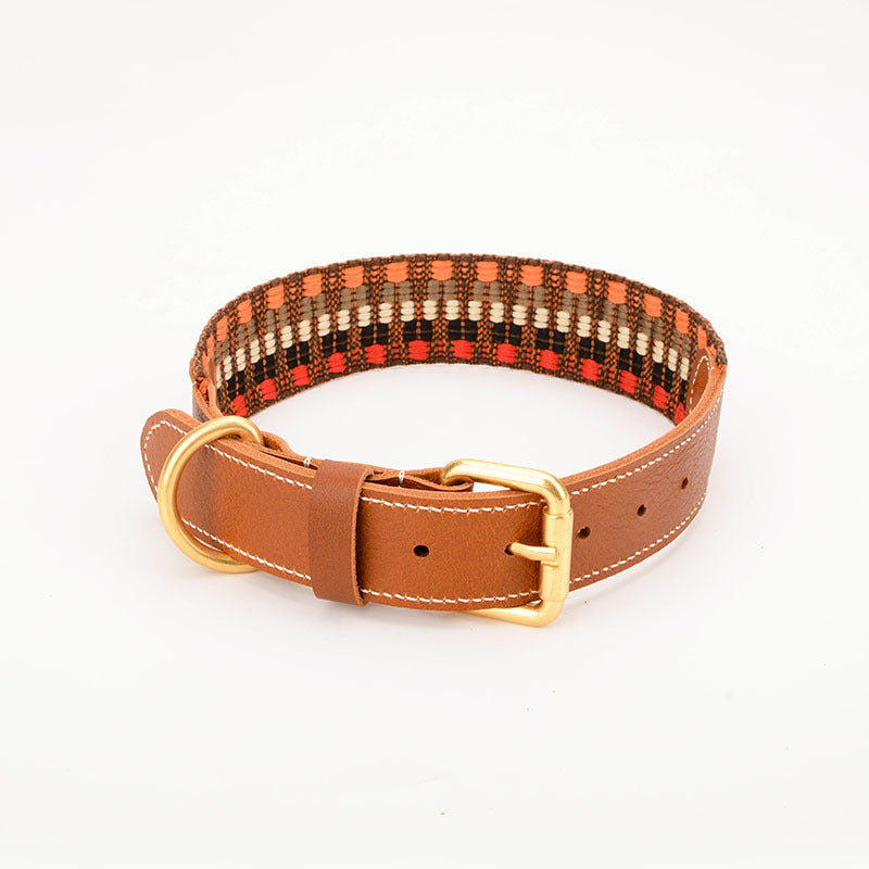 JMT-199498 Woven Leather Dog Collar with Braided Traction Rope for Medium to Large Dogs
