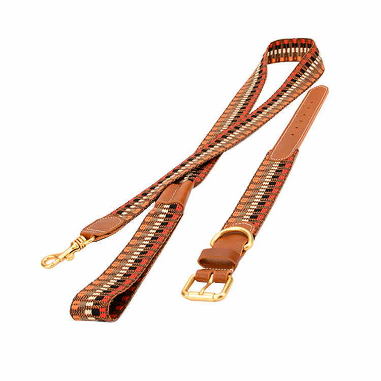 JMT-199498 Woven Leather Dog Collar with Braided Traction Rope for Medium to Large Dogs