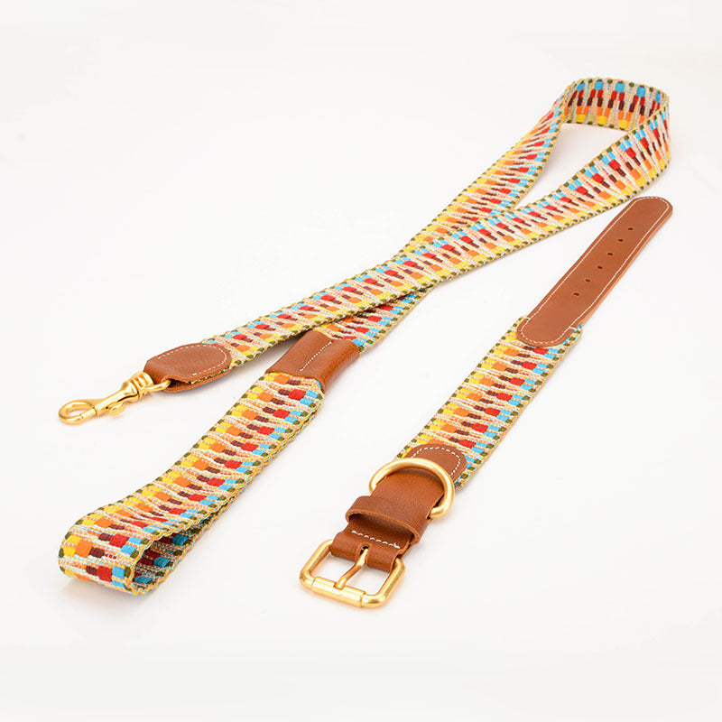 JMT-199498 Woven Leather Dog Collar with Braided Traction Rope for Medium to Large Dogs