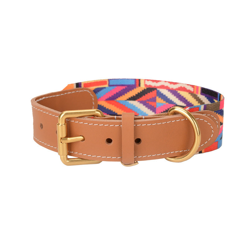 JMT-199498 Woven Leather Dog Collar with Braided Traction Rope for Medium to Large Dogs