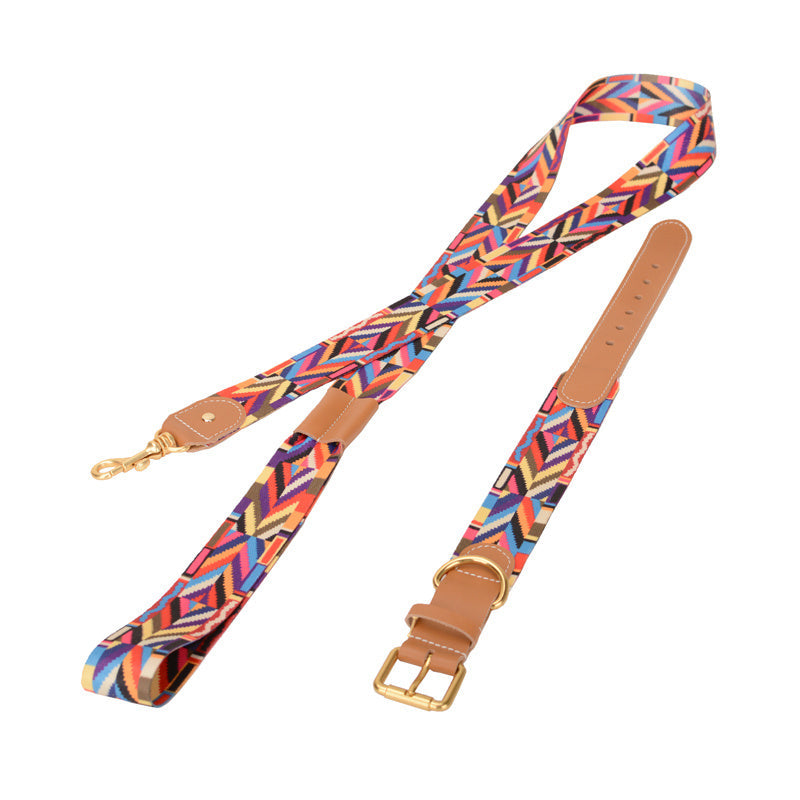 JMT-199498 Woven Leather Dog Collar with Braided Traction Rope for Medium to Large Dogs