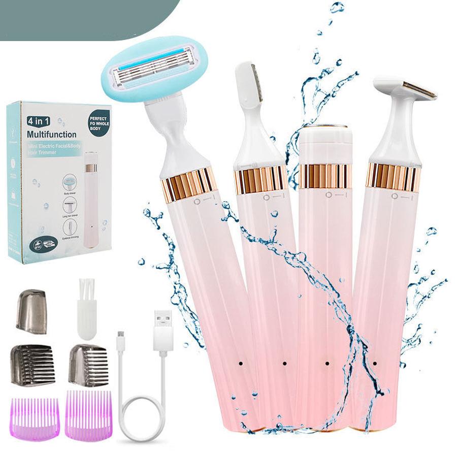 JMT-200394 Multifunctional 4-in-1 USB Rechargeable Shaving Knife for Body and Eyebrow Hair Removal - IPX7 Waterproof, Gradient Pink Design