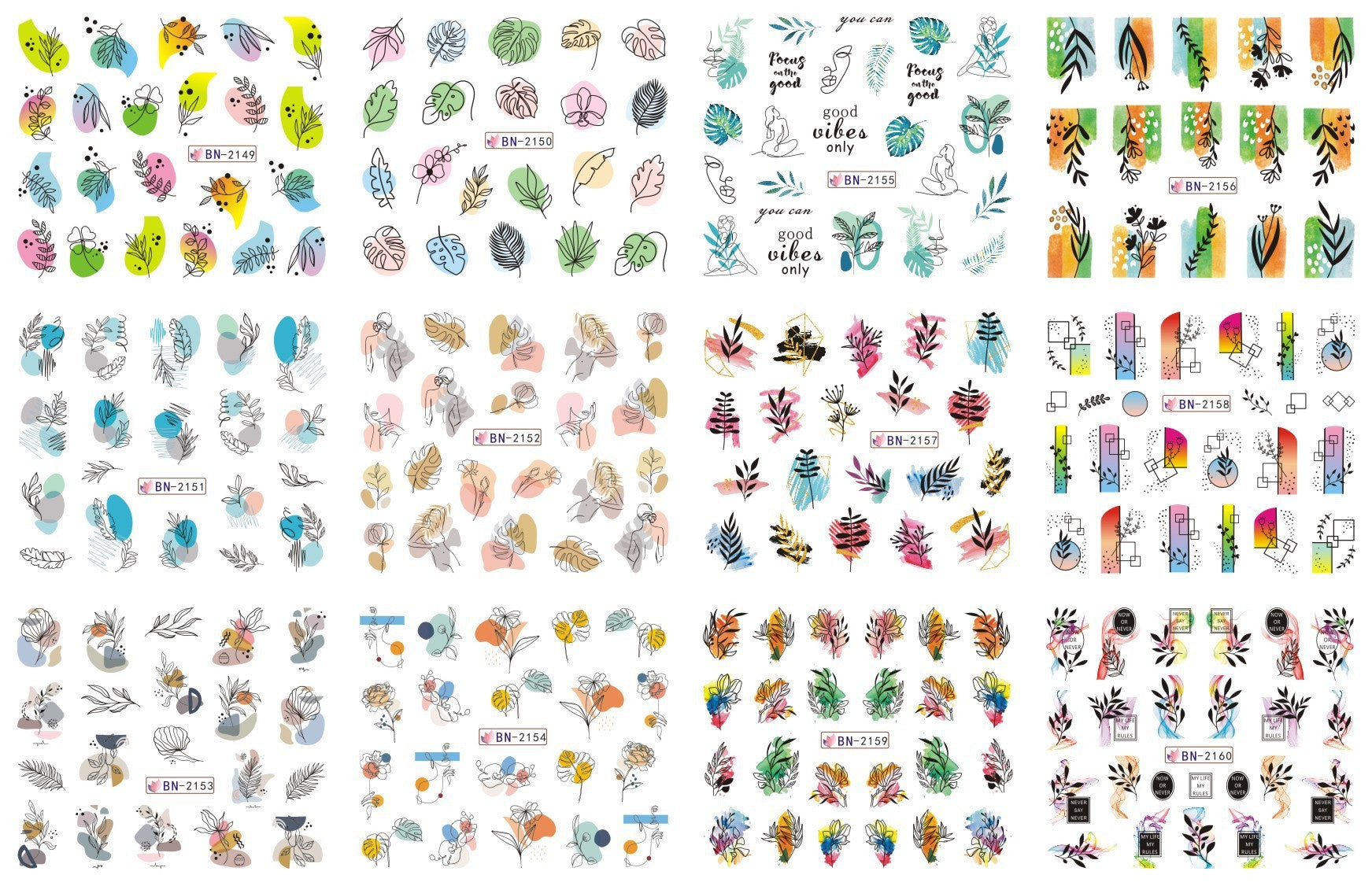 JMT-200458 Nail Art Large Watermark Stickers - Tropical, Beach & Abstract Designs