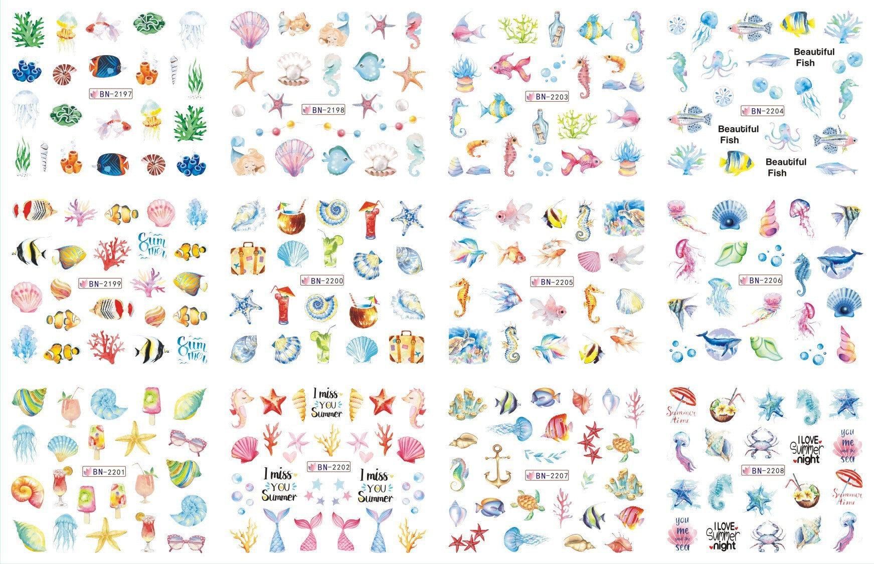 JMT-200458 Nail Art Large Watermark Stickers - Tropical, Beach & Abstract Designs