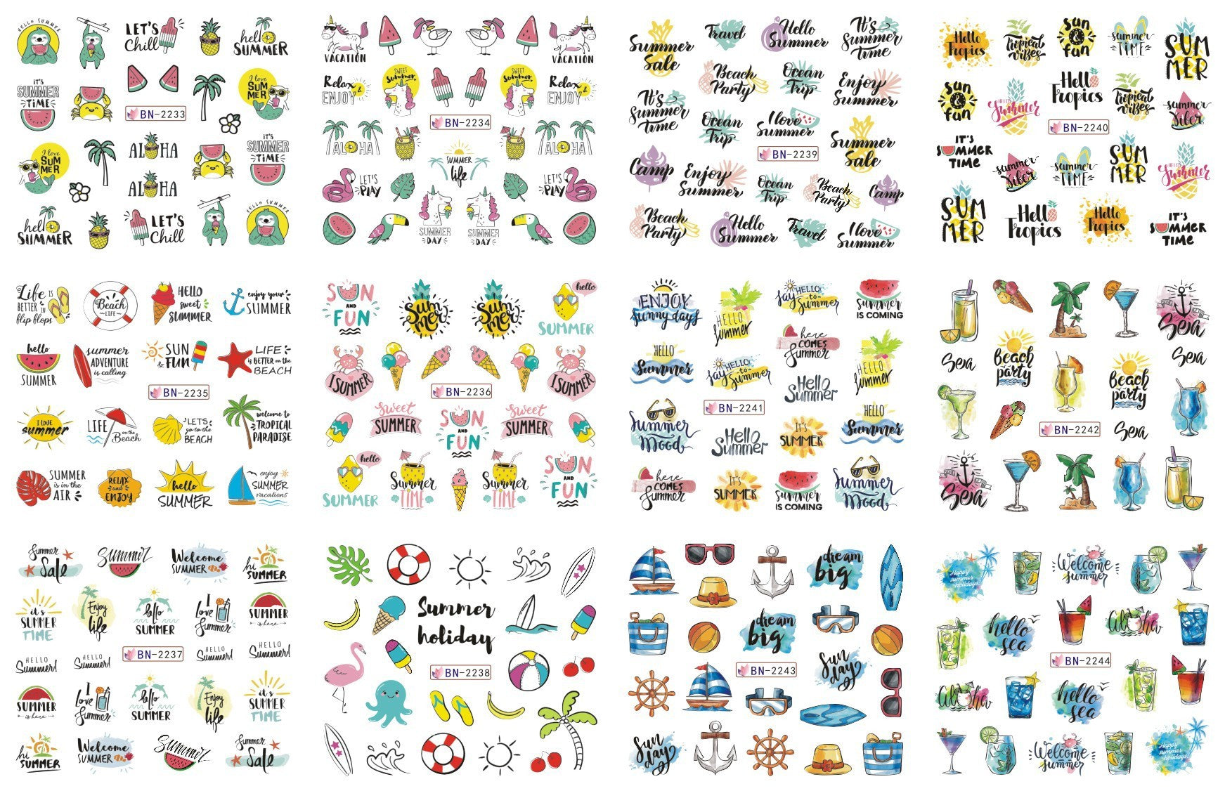 JMT-200458 Nail Art Large Watermark Stickers - Tropical, Beach & Abstract Designs