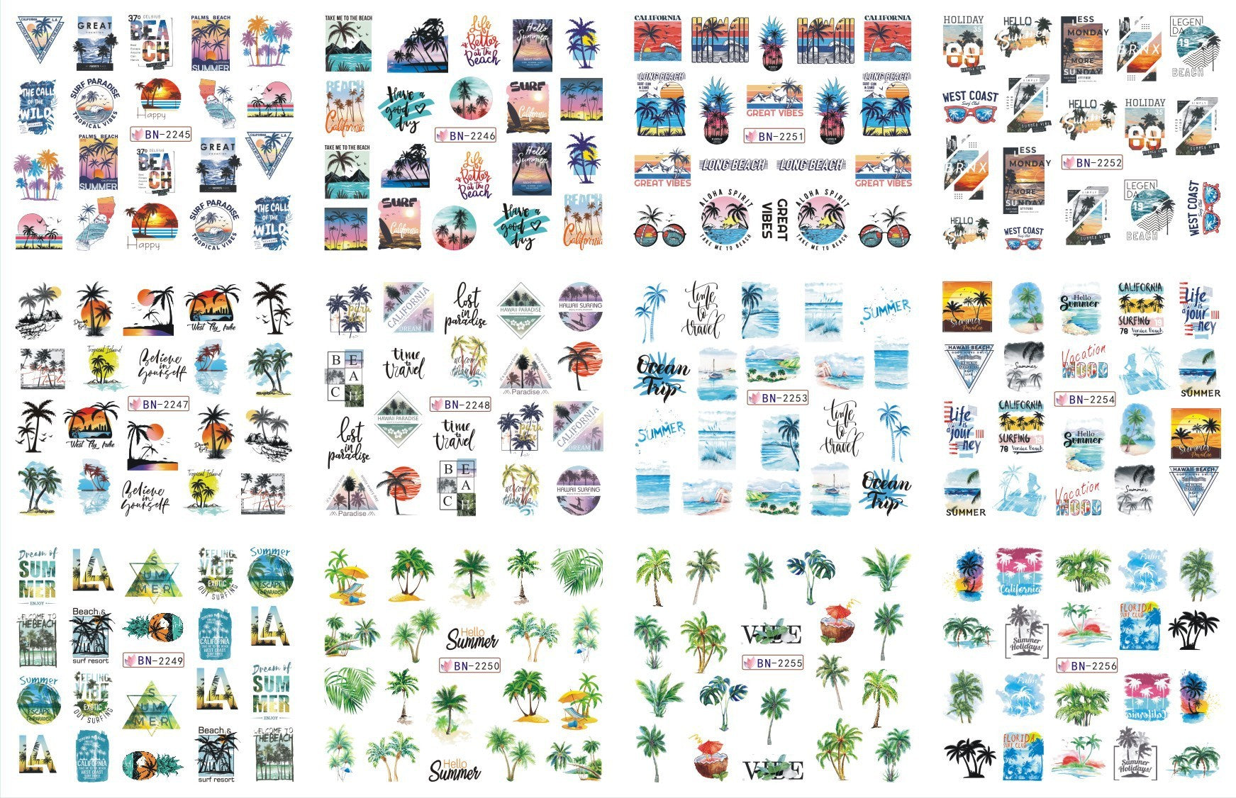 JMT-200458 Nail Art Large Watermark Stickers - Tropical, Beach & Abstract Designs