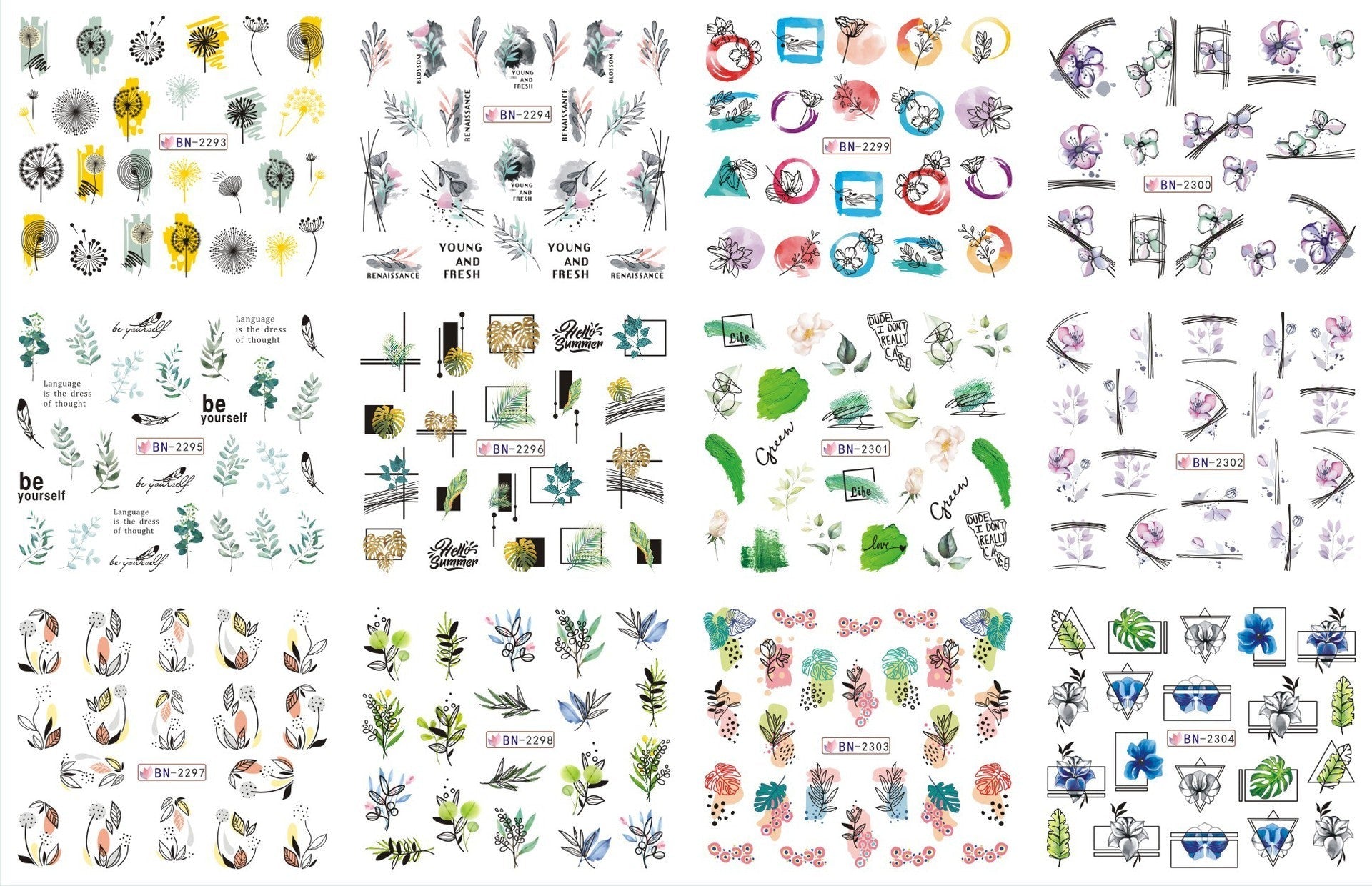 JMT-200458 Nail Art Large Watermark Stickers - Tropical, Beach & Abstract Designs