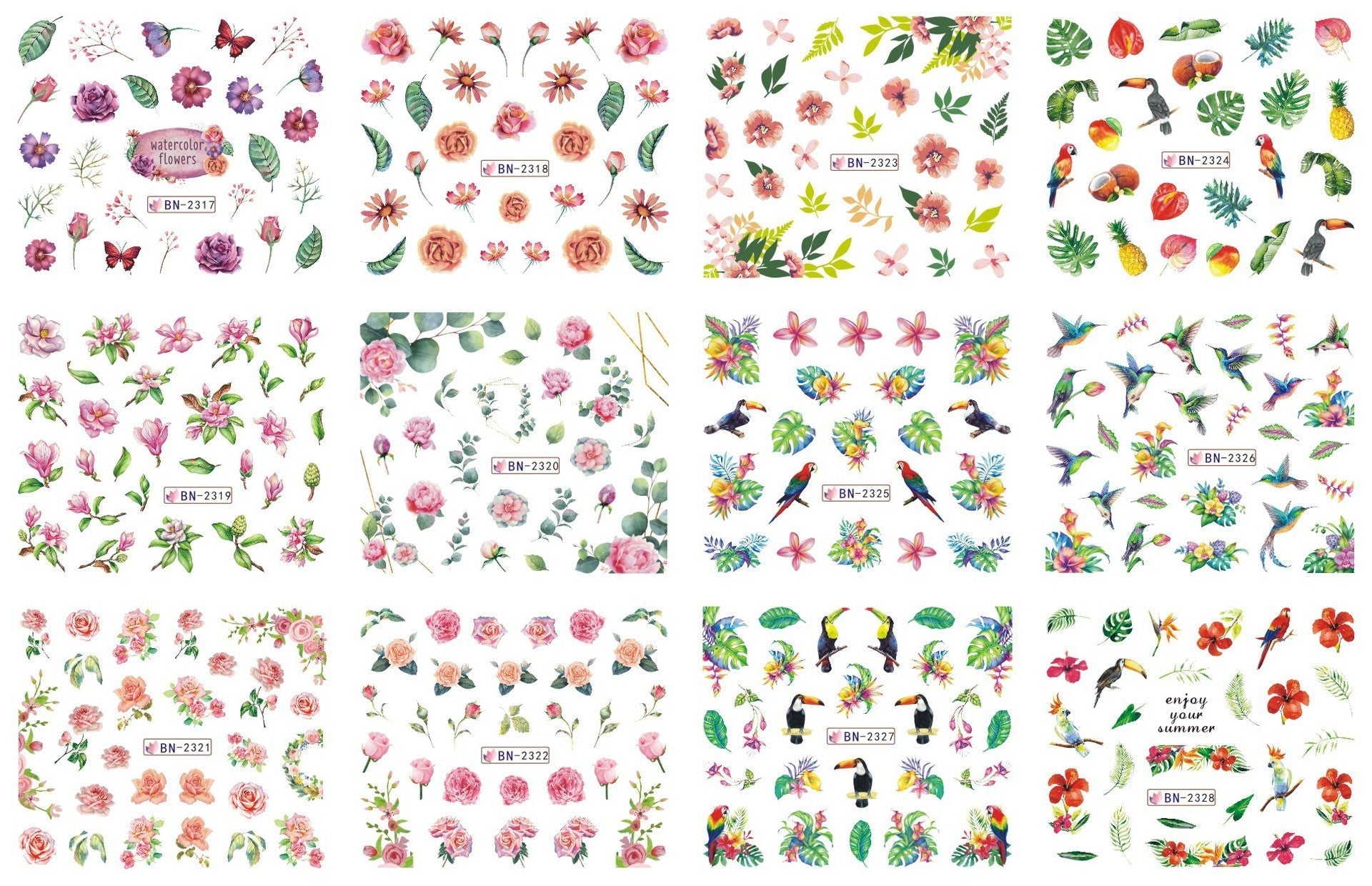 JMT-200458 Nail Art Large Watermark Stickers - Tropical, Beach & Abstract Designs