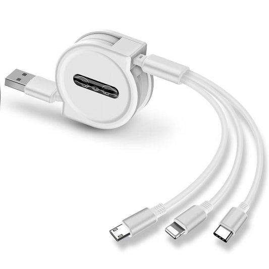 JMT-202634 Three-in-One Telescopic Fast Charging Data Cable - Type-C, USB, Micro USB, 8PIN, 1.2m Length