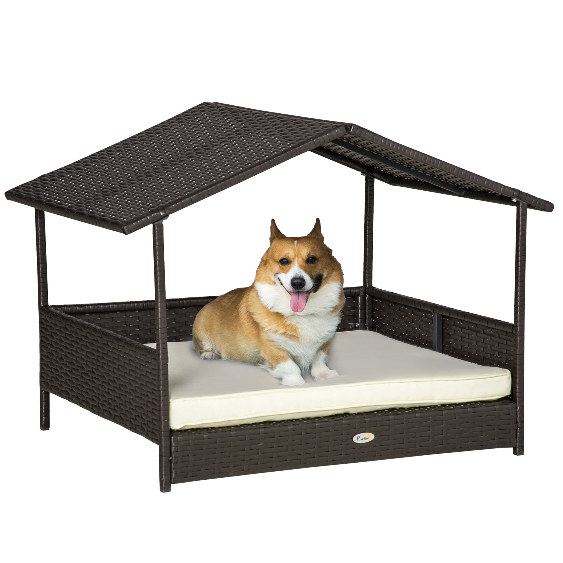 JMT-203466 Elevated Cream Wicker Dog Bed with Rattan Canopy and Cushioned Sleeping Pad for Outdoor Use