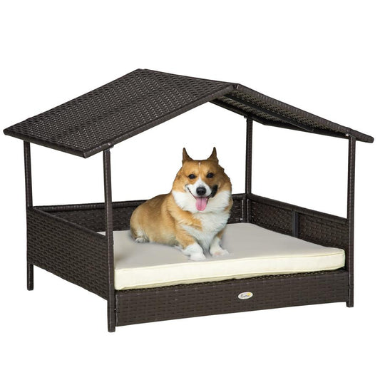 JMT-203466 Elevated Cream Wicker Dog Bed with Rattan Canopy and Cushioned Sleeping Pad for Outdoor Use