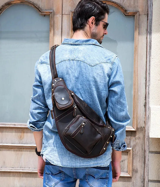 JMT-204490 Retro Genuine Leather Chest Bag for Outdoor Travel and Leisure Activities