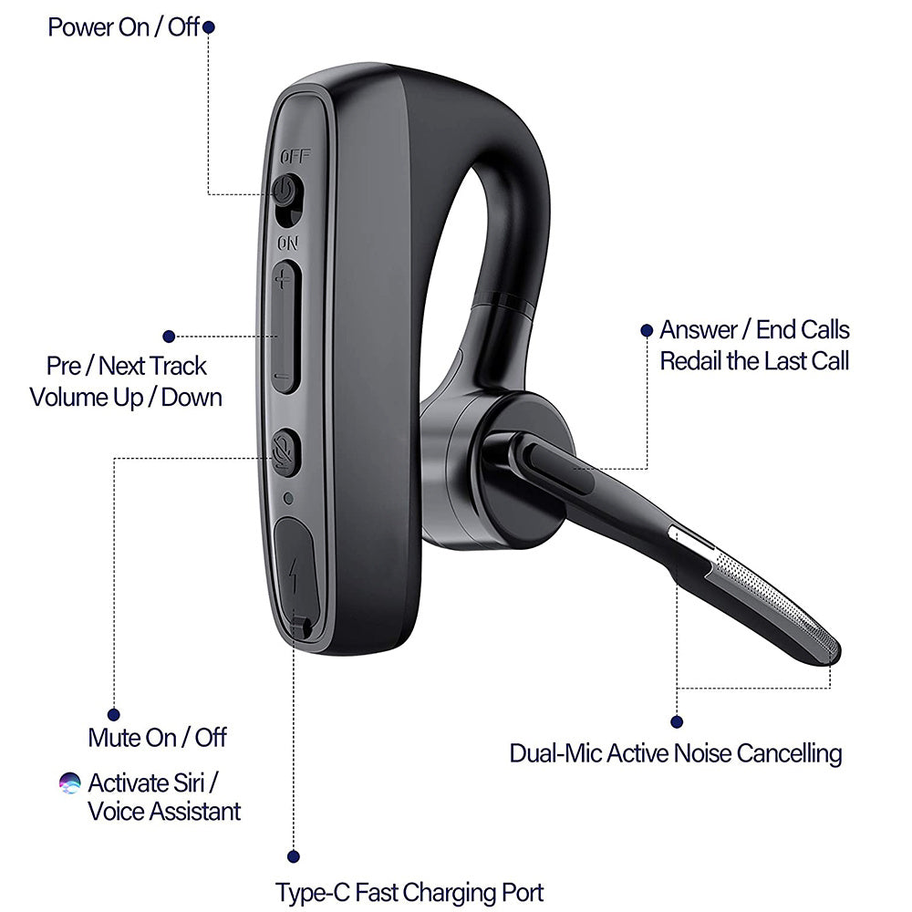 JMT-204746 Bluetooth Wireless Headset with Noise Cancellation and Long Battery Life