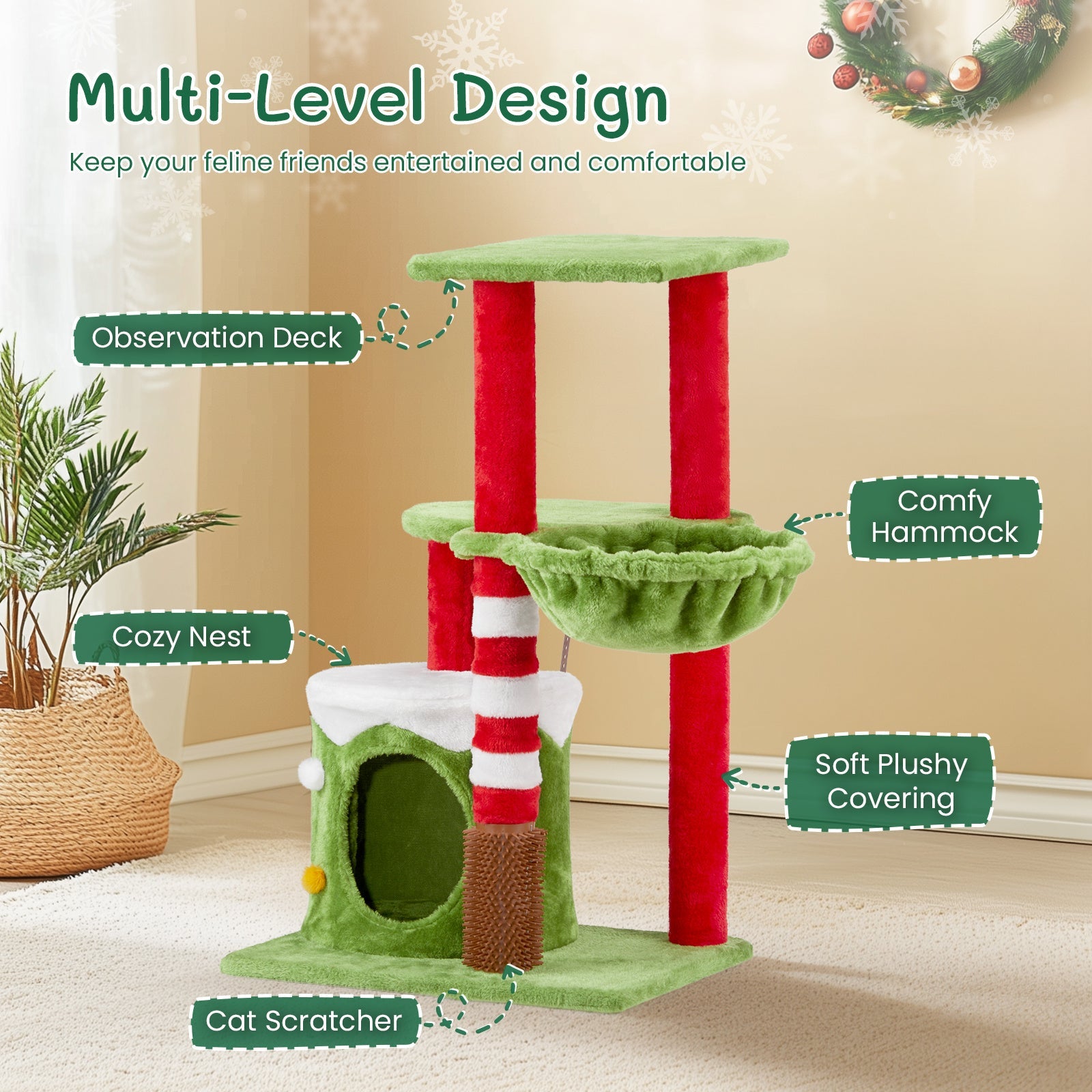 JMT-205770 Christmas-Themed Cat House with Hammock and Scratching Post - 4-in-1 Cat Tree with Condo and Massage Brush