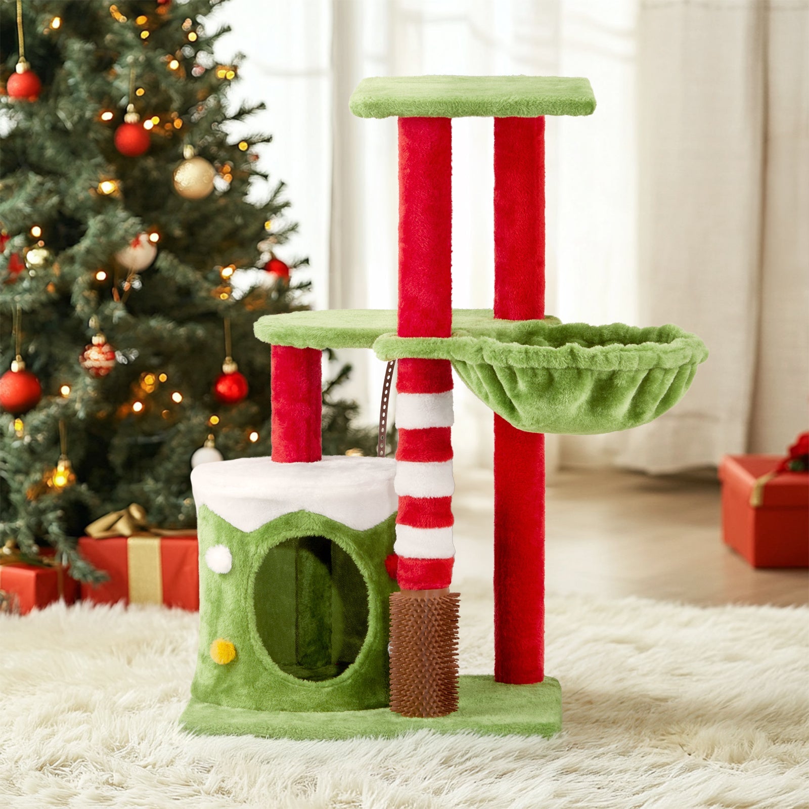 JMT-205770 Christmas-Themed Cat House with Hammock and Scratching Post - 4-in-1 Cat Tree with Condo and Massage Brush