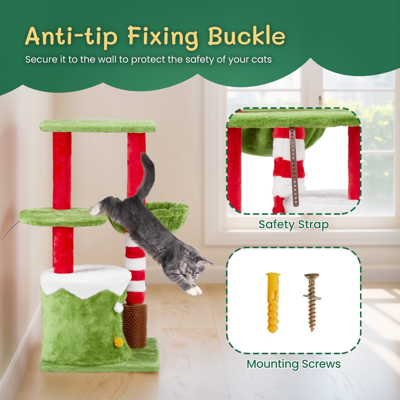 JMT-205770 Christmas-Themed Cat House with Hammock and Scratching Post - 4-in-1 Cat Tree with Condo and Massage Brush