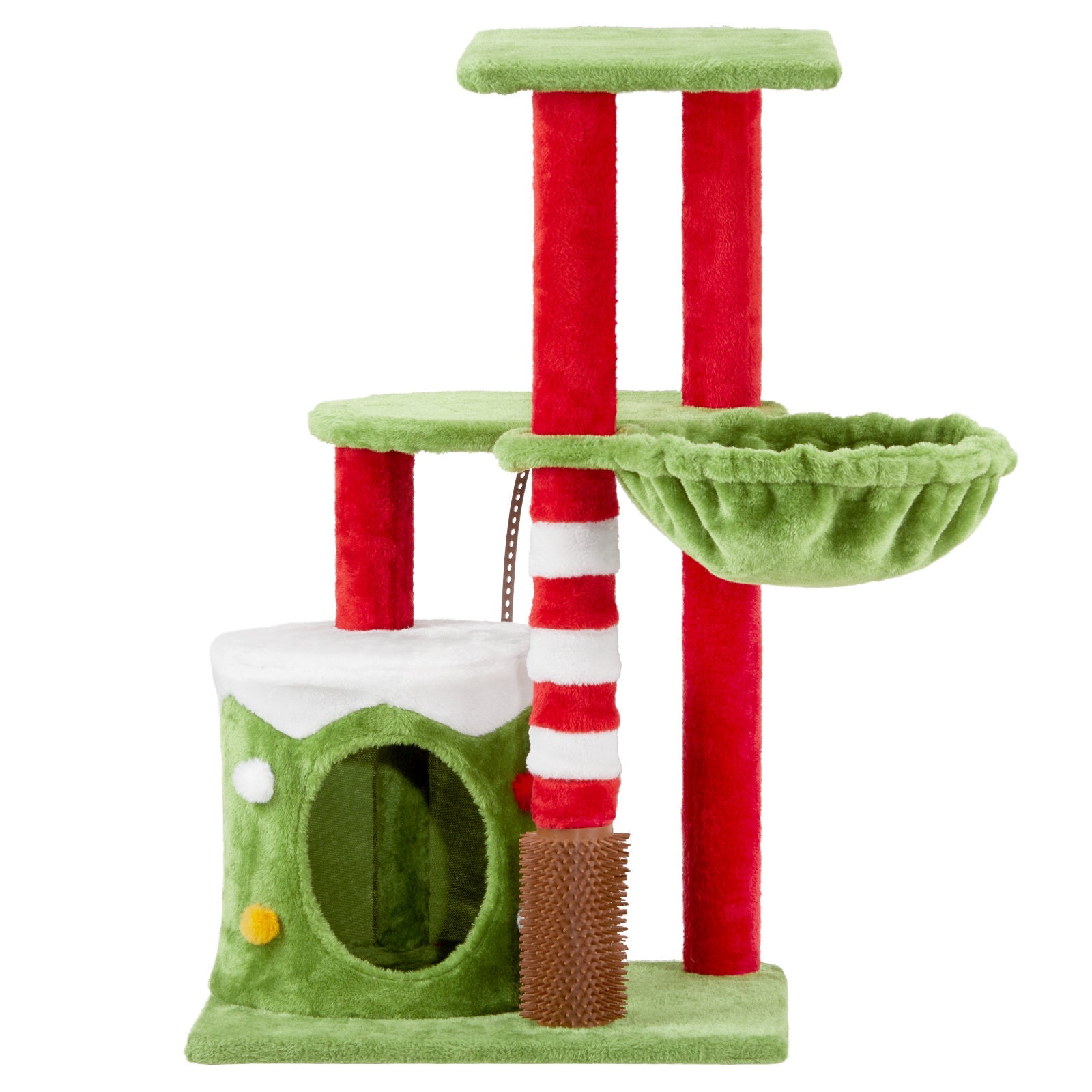 JMT-205770 Christmas-Themed Cat House with Hammock and Scratching Post - 4-in-1 Cat Tree with Condo and Massage Brush