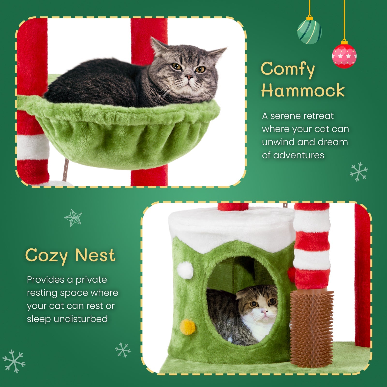JMT-205770 Christmas-Themed Cat House with Hammock and Scratching Post - 4-in-1 Cat Tree with Condo and Massage Brush