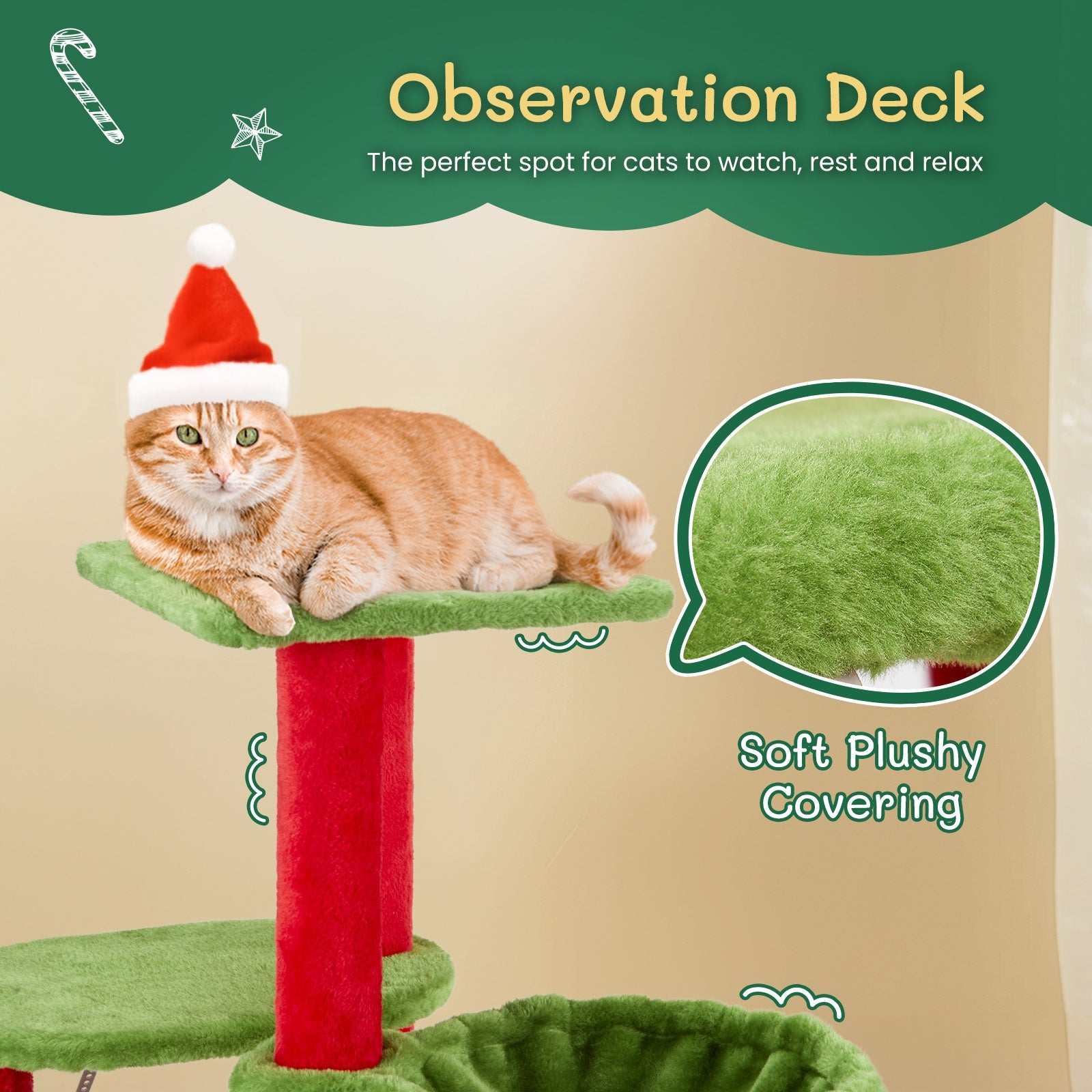 JMT-205770 Christmas-Themed Cat House with Hammock and Scratching Post - 4-in-1 Cat Tree with Condo and Massage Brush