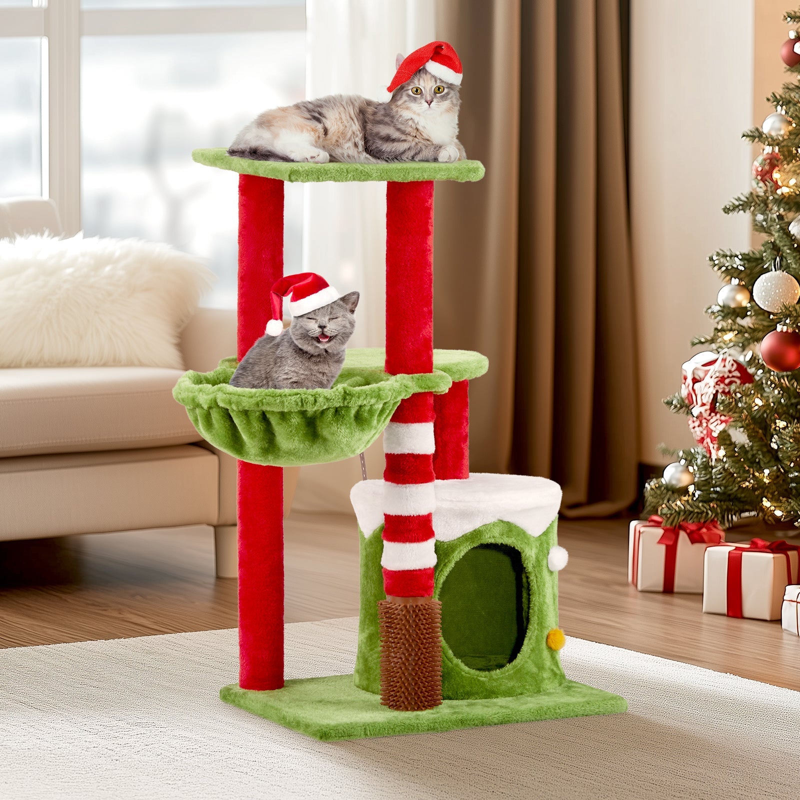 JMT-205770 Christmas-Themed Cat House with Hammock and Scratching Post - 4-in-1 Cat Tree with Condo and Massage Brush