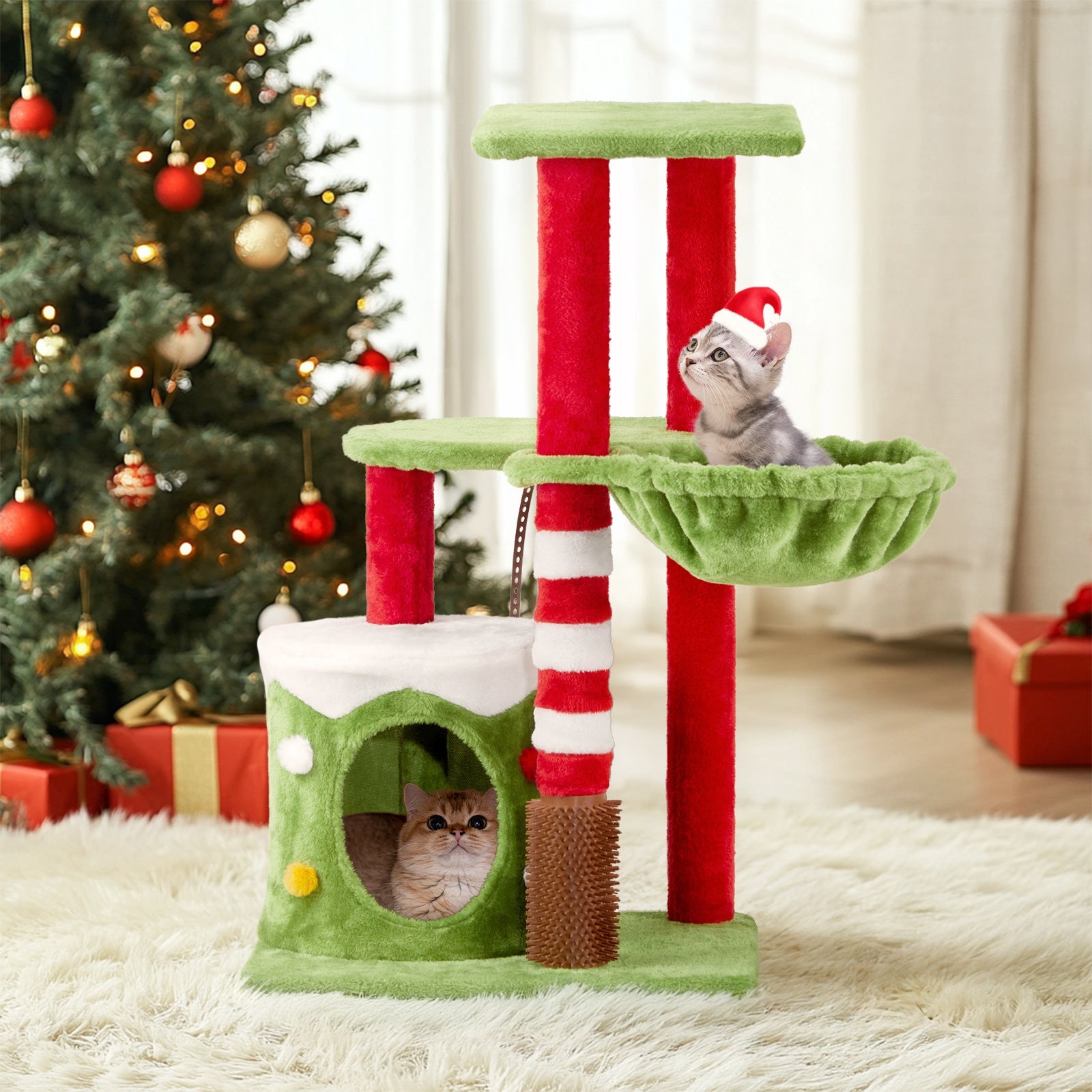 JMT-205770 Christmas-Themed Cat House with Hammock and Scratching Post - 4-in-1 Cat Tree with Condo and Massage Brush