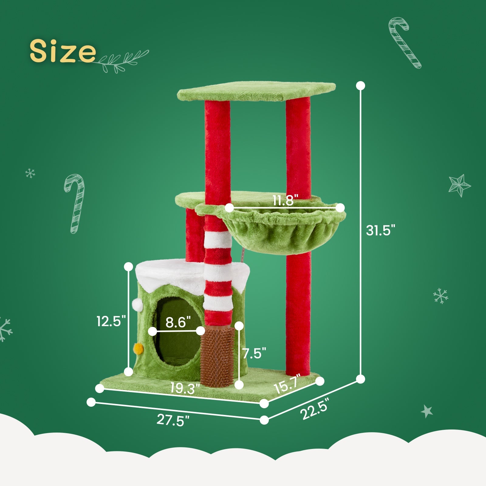 JMT-205770 Christmas-Themed Cat House with Hammock and Scratching Post - 4-in-1 Cat Tree with Condo and Massage Brush