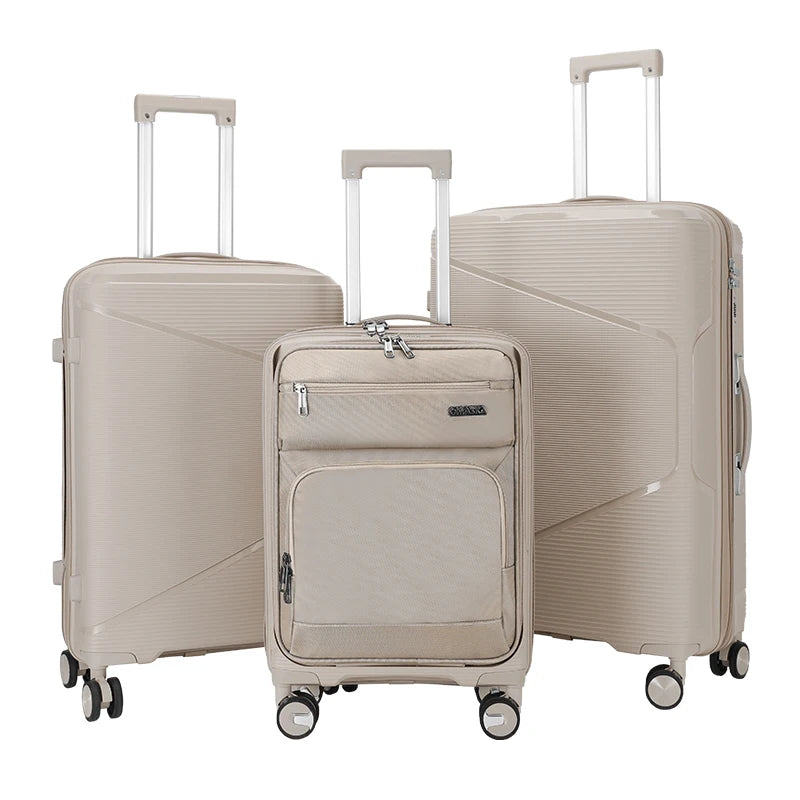 JMT-206794 Nylon Soft Luggage Set with Hard Combination Shell - 20, 24, and 28 Inch Suitcases with 4 Wheels
