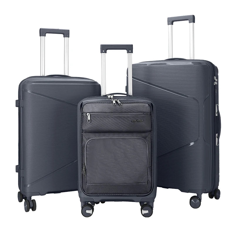 JMT-206794 Nylon Soft Luggage Set with Hard Combination Shell - 20, 24, and 28 Inch Suitcases with 4 Wheels