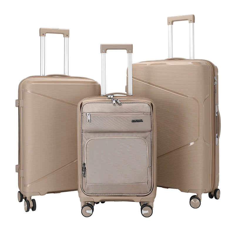 JMT-206794 Nylon Soft Luggage Set with Hard Combination Shell - 20, 24, and 28 Inch Suitcases with 4 Wheels