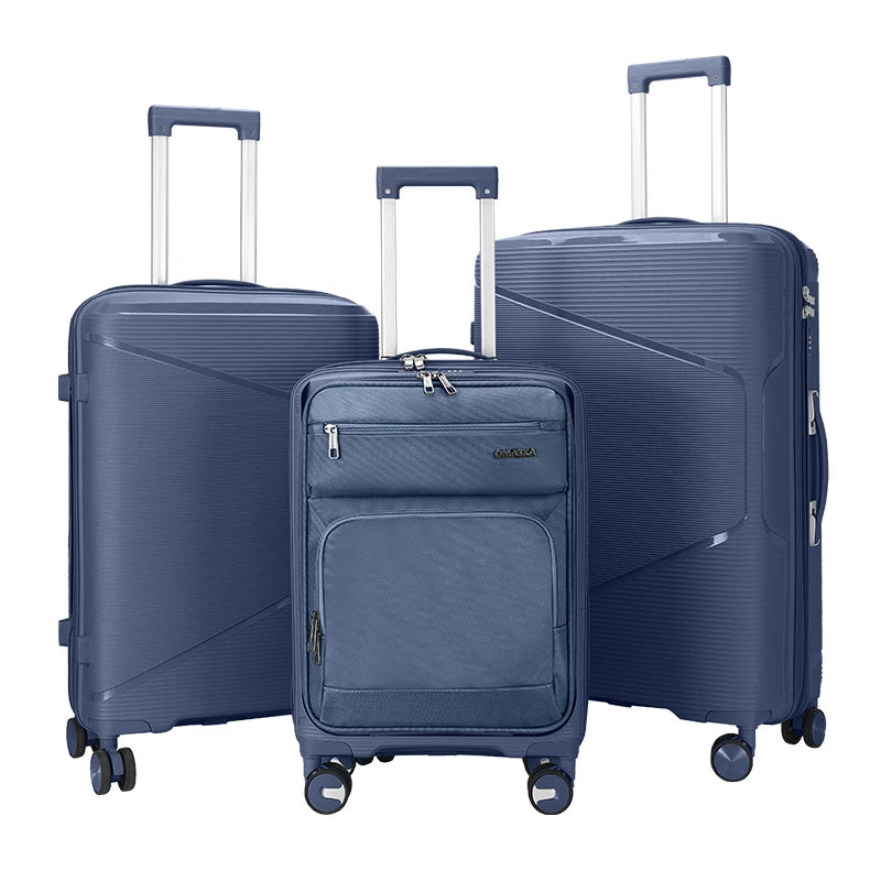 JMT-206794 Nylon Soft Luggage Set with Hard Combination Shell - 20, 24, and 28 Inch Suitcases with 4 Wheels