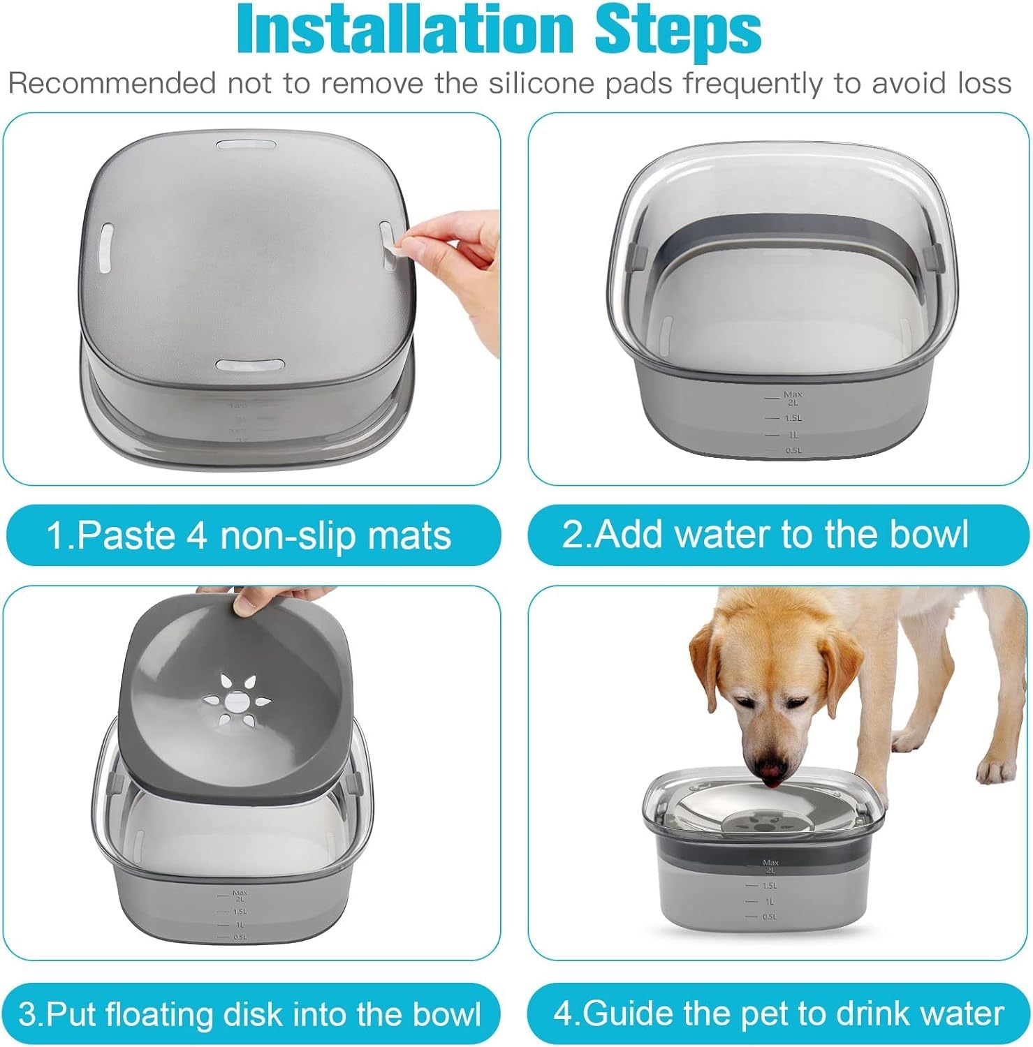 JMT-207882 2L No Spill Dog Water Bowl - Large Capacity Slow Feeder with Anti-Splash Design for Messy Drinkers and Cats