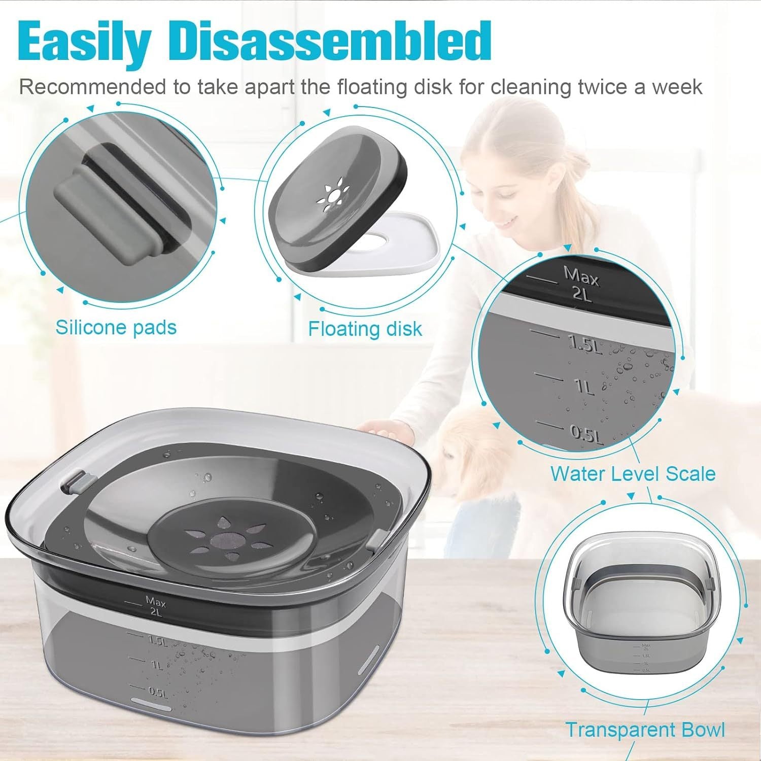 JMT-207882 2L No Spill Dog Water Bowl - Large Capacity Slow Feeder with Anti-Splash Design for Messy Drinkers and Cats