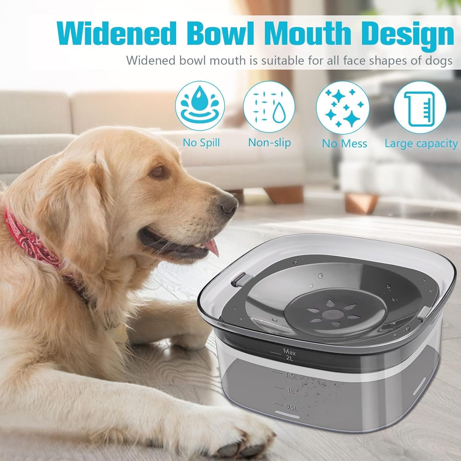JMT-207882 2L No Spill Dog Water Bowl - Large Capacity Slow Feeder with Anti-Splash Design for Messy Drinkers and Cats