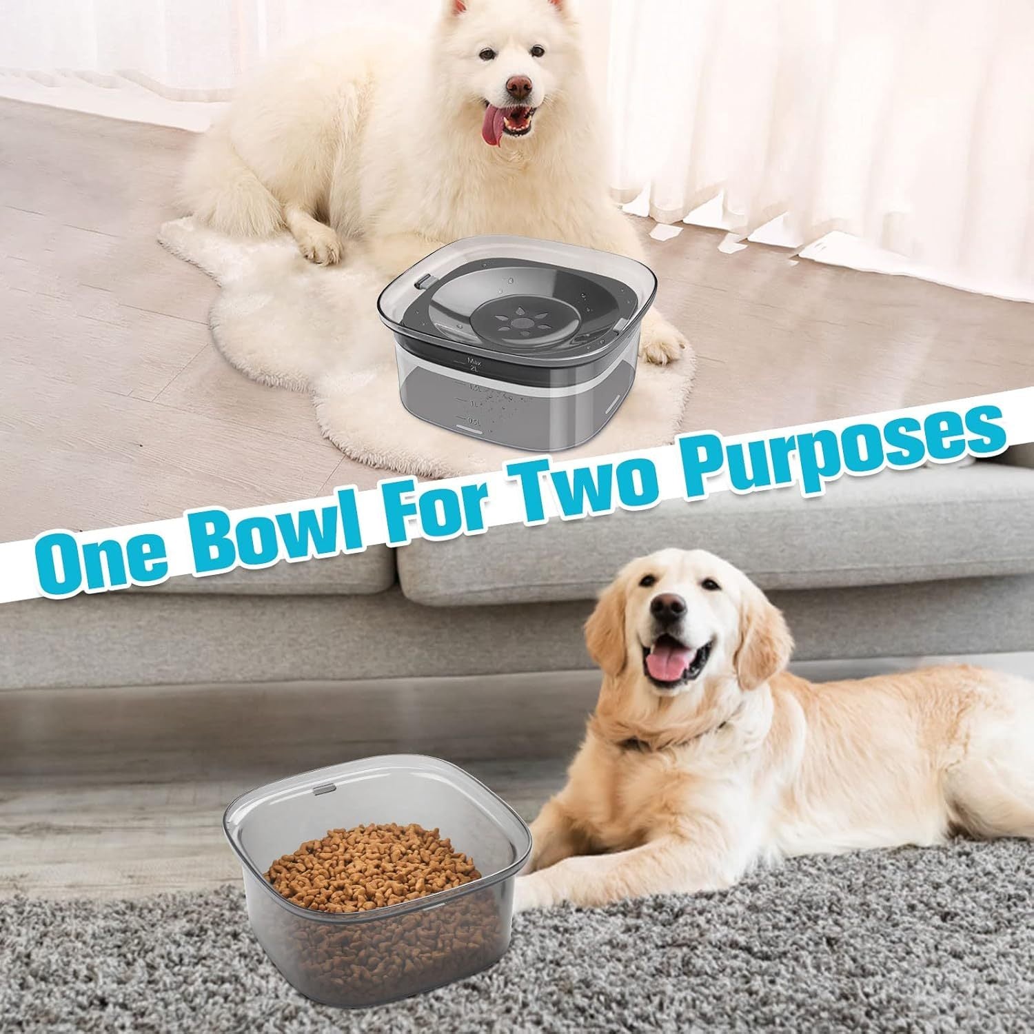 JMT-207882 2L No Spill Dog Water Bowl - Large Capacity Slow Feeder with Anti-Splash Design for Messy Drinkers and Cats