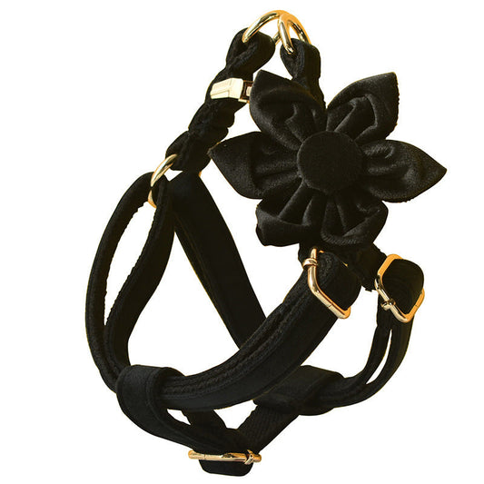 JMT-208394 Black Flannel Dog Harness with Gold Buckle - Adjustable Polyester Pet Chest Strap for Sizing Options S to XL