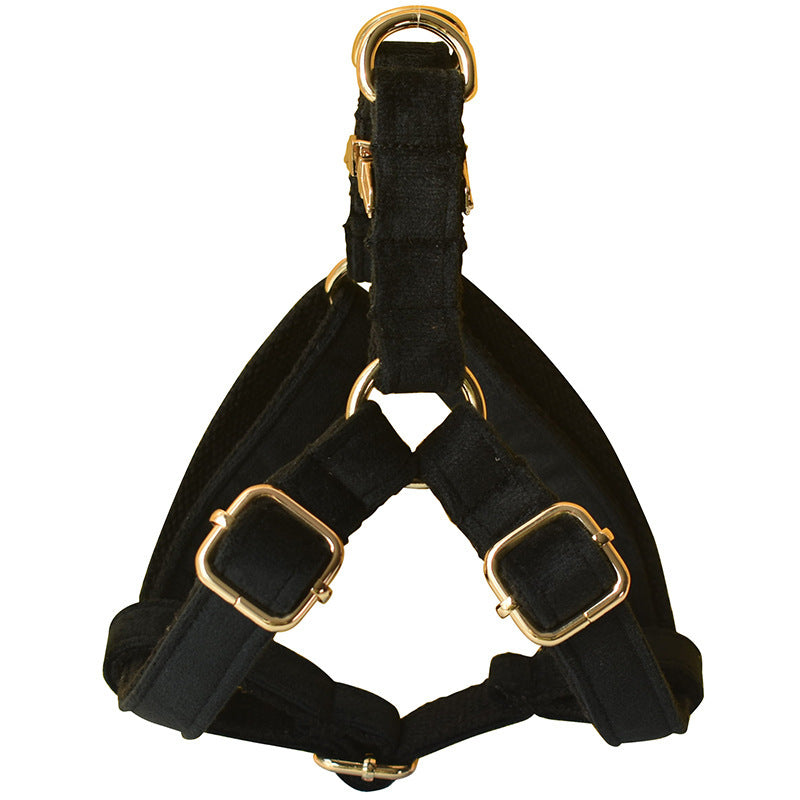 JMT-208394 Black Flannel Dog Harness with Gold Buckle - Adjustable Polyester Pet Chest Strap for Sizing Options S to XL