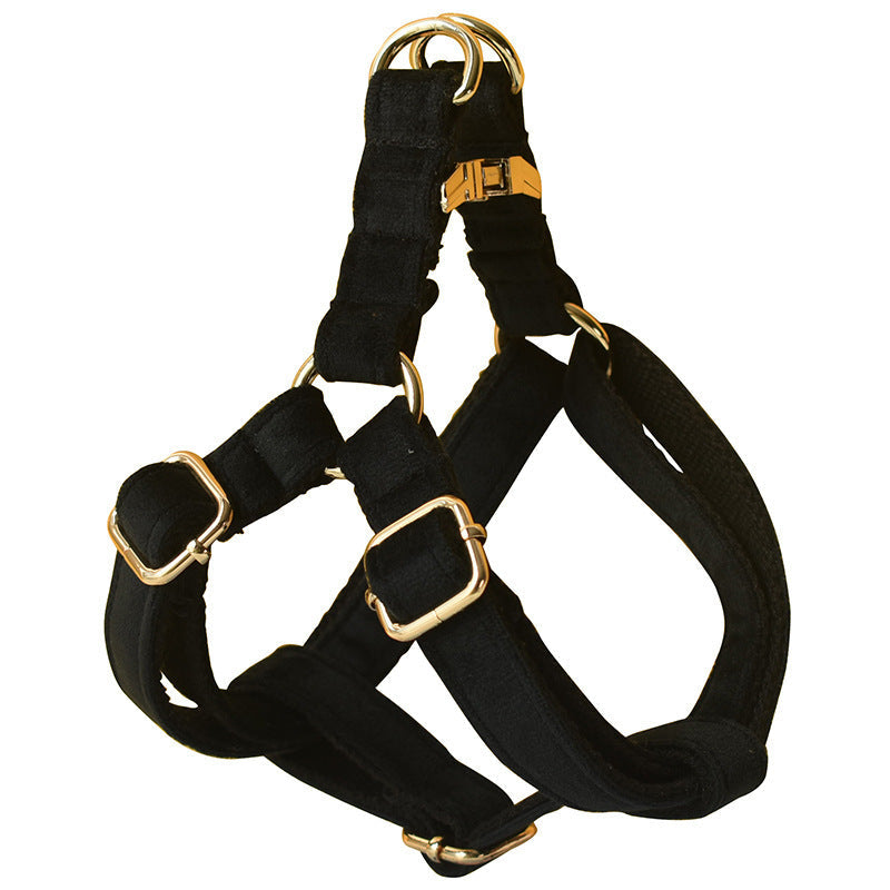 JMT-208394 Black Flannel Dog Harness with Gold Buckle - Adjustable Polyester Pet Chest Strap for Sizing Options S to XL