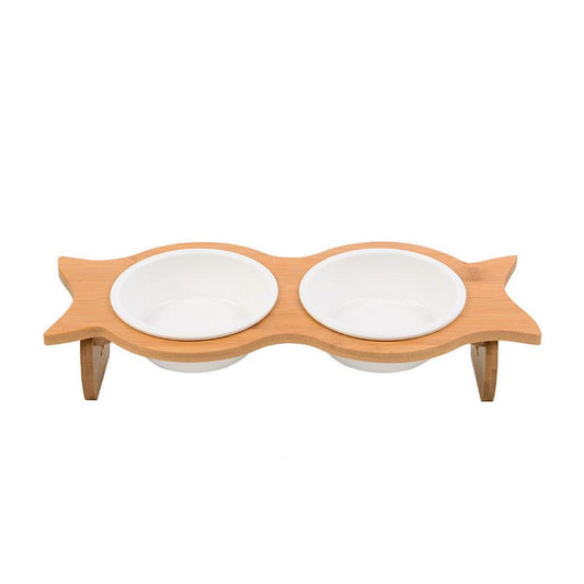 JMT-211530 Bamboo Cat Bowl with Porcelain and Stainless Steel Inserts - Eco-Friendly Design