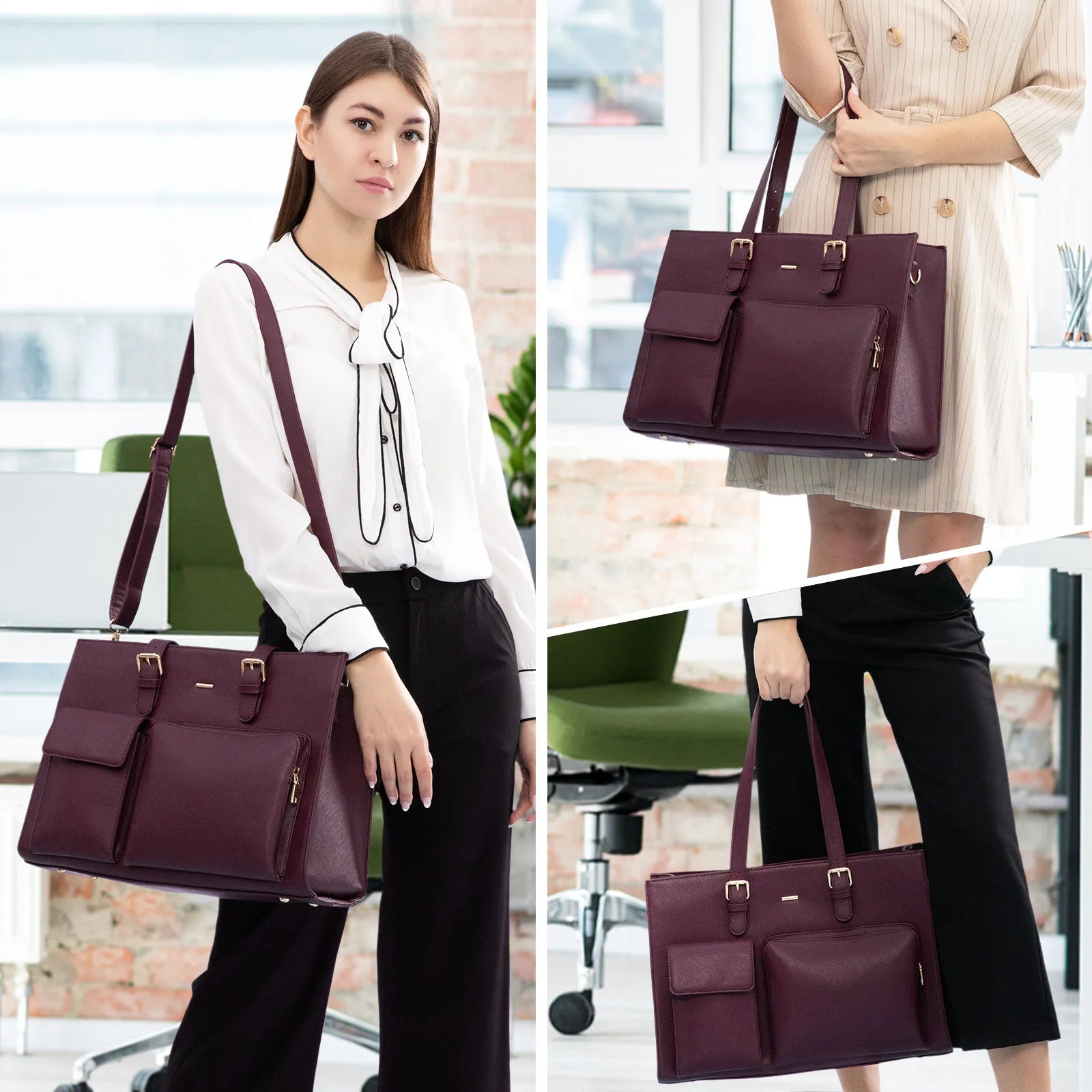 JMT-215626 Waterproof Leather Laptop Tote Bag for Women, Fits 15.6in Devices, Stylish Work Briefcase