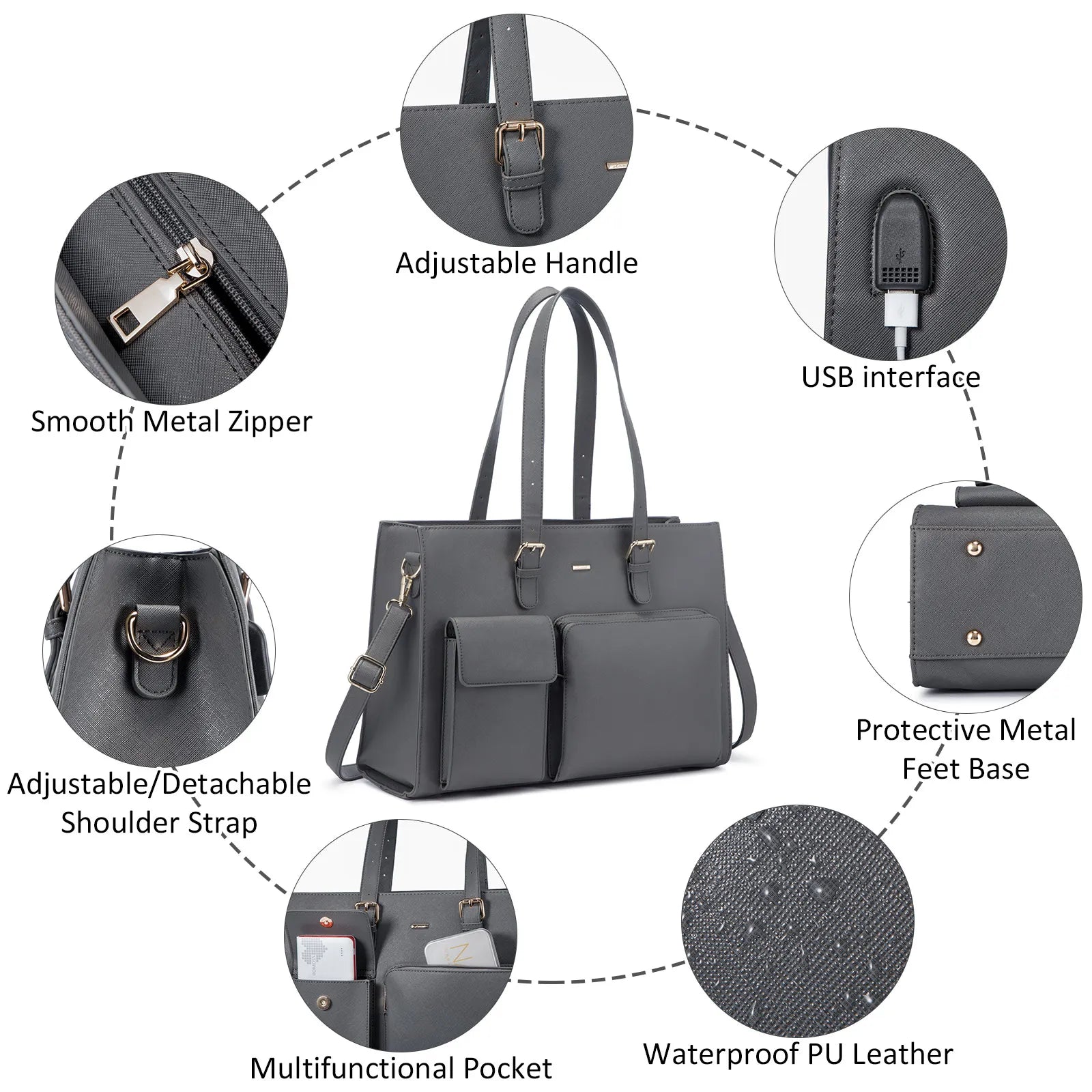 JMT-215626 Waterproof Leather Laptop Tote Bag for Women, Fits 15.6in Devices, Stylish Work Briefcase