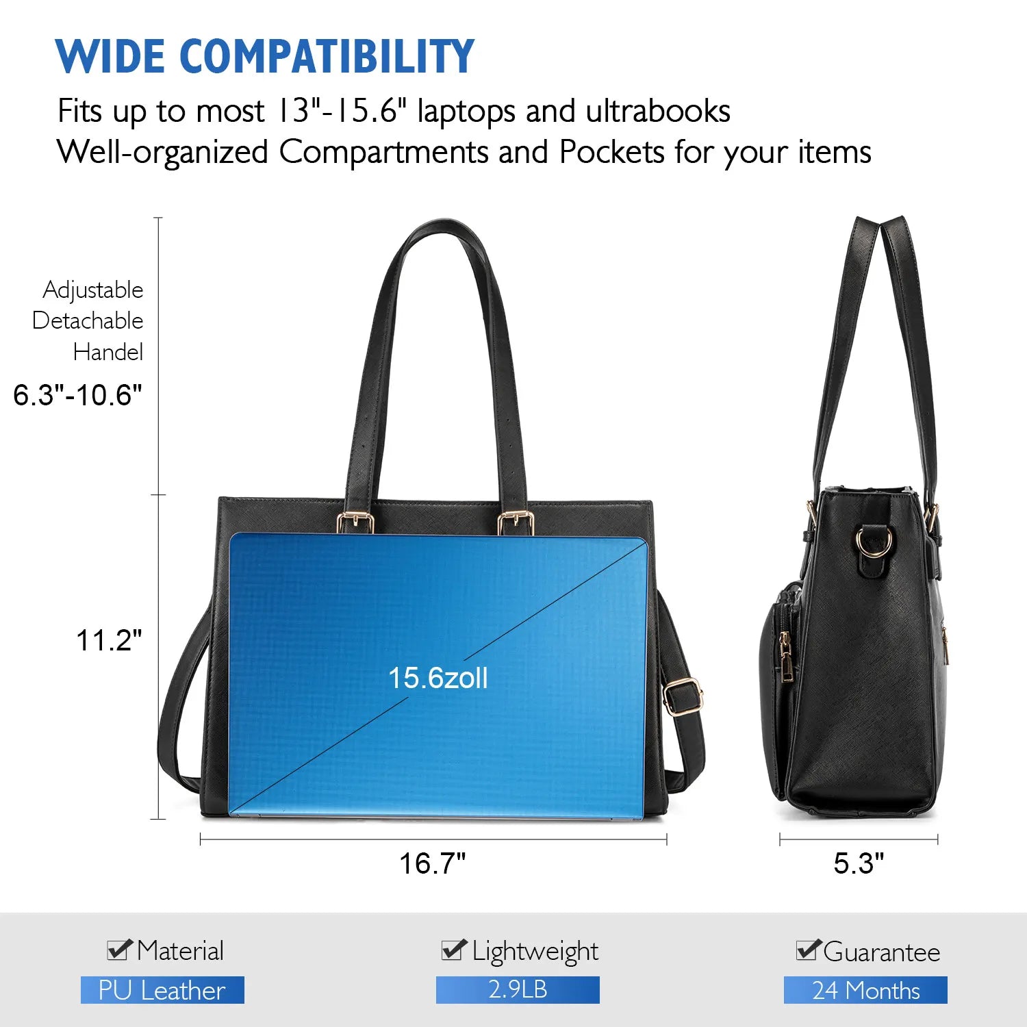 JMT-215626 Waterproof Leather Laptop Tote Bag for Women, Fits 15.6in Devices, Stylish Work Briefcase